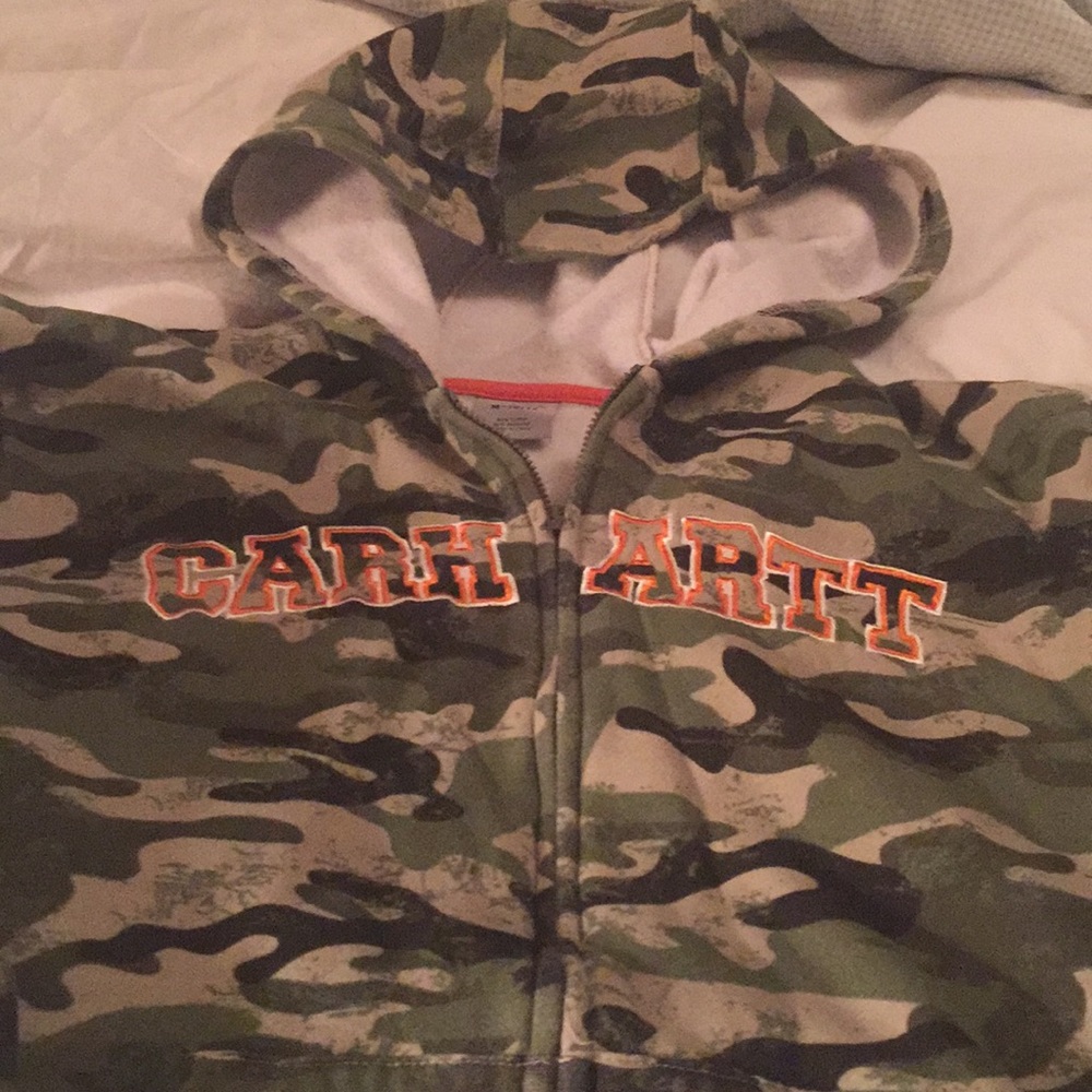 Boys camo zip up Carhart hoodie.